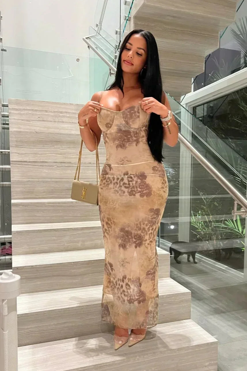 Leopard Print Lace Up Bodycon Maxi Dress