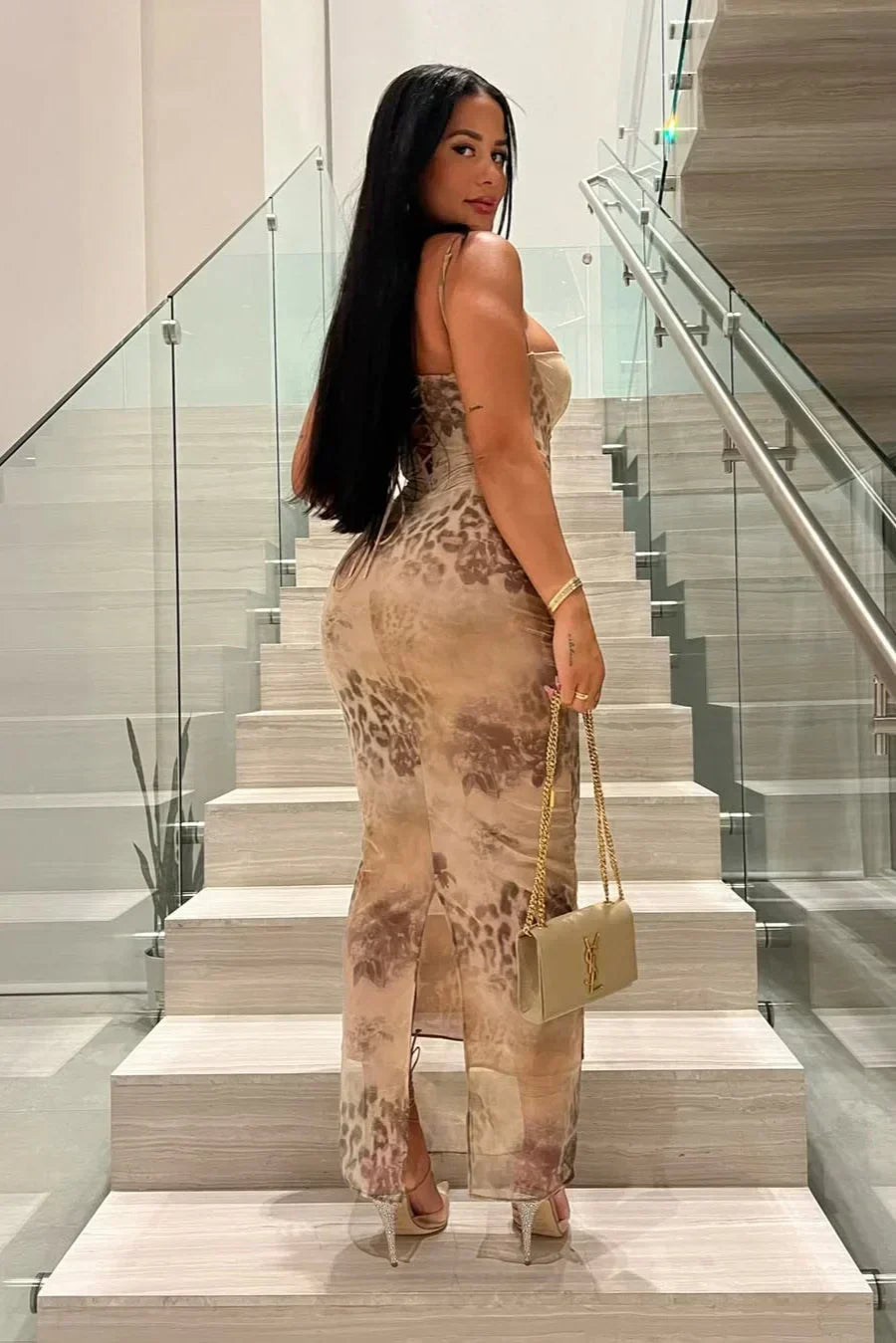 Lace Up Leopard Print Bodycon Maxi Dress