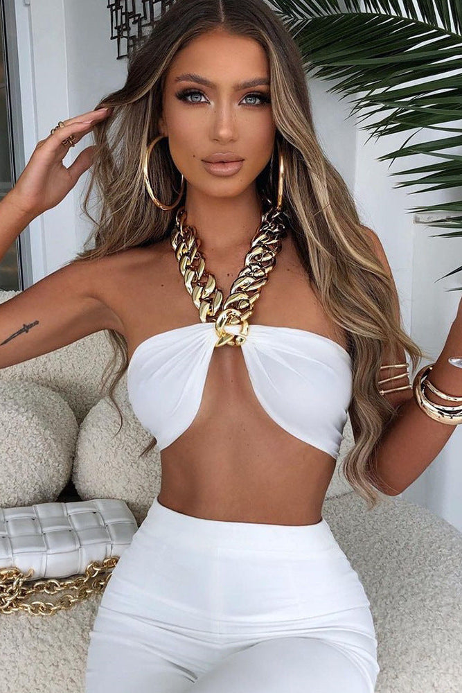 Satin Chain Halter Backless Crop Top
