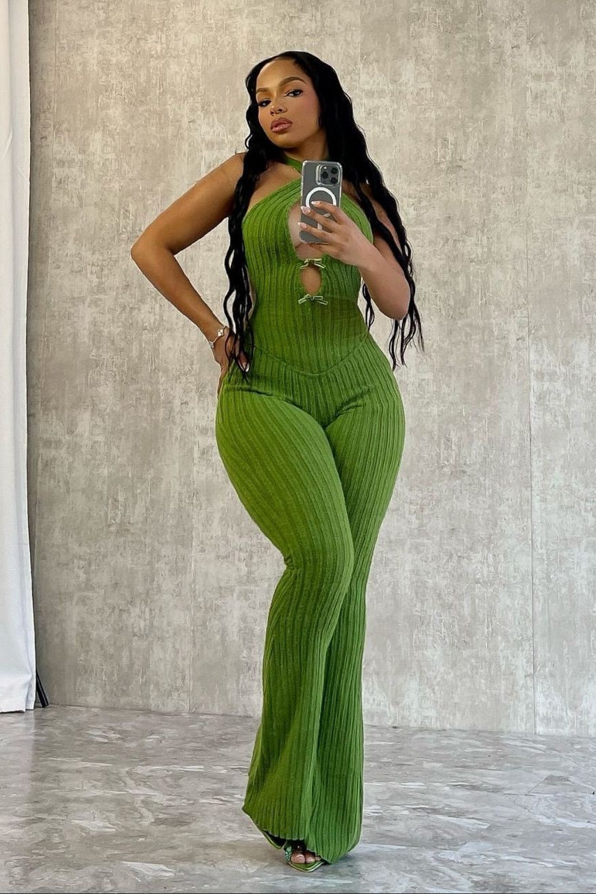 Knitted Cutout Halter Jumpsuit with Flared Bottom