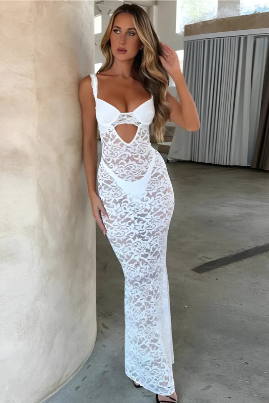Cutout Lace Maxi Dress, See Through Bodycon Dress