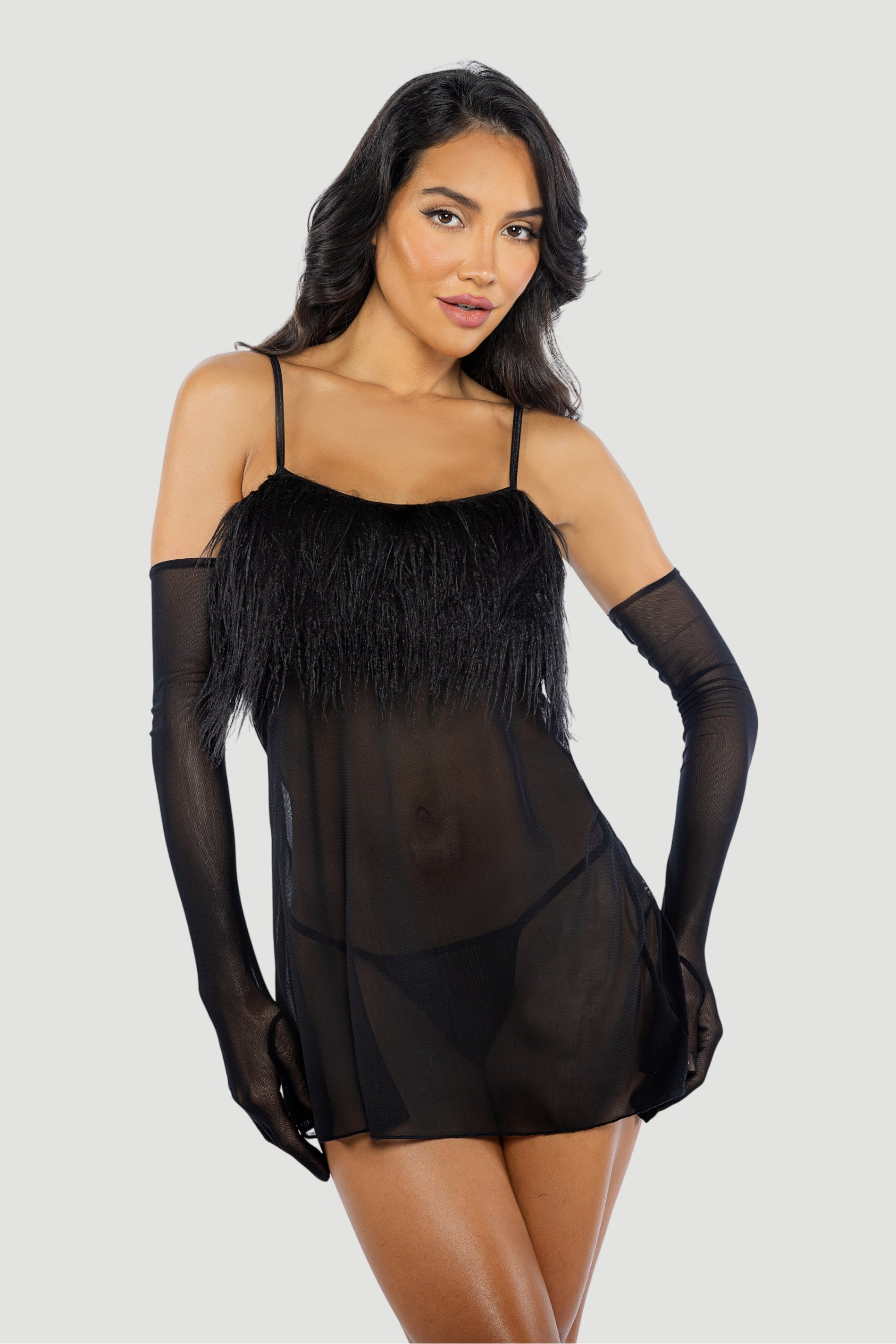 Faux Feather Sheer Chemise, Mesh Babydoll Lingerie