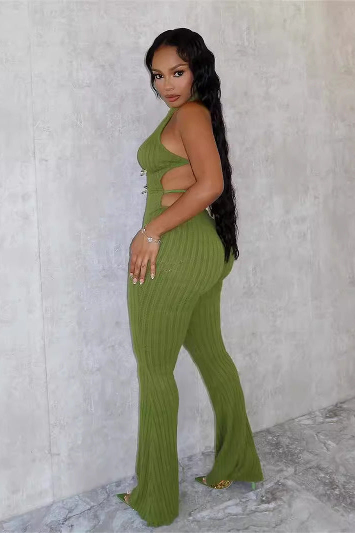 Knitted Cutout Halter Jumpsuit with Flared Bottom