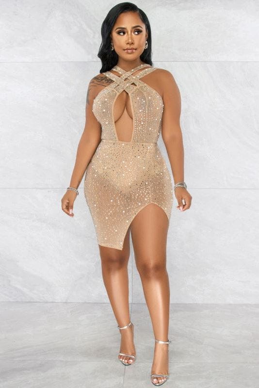 Dresses Beige / S LUXE GLAM RHINESTONE MINI DRESS