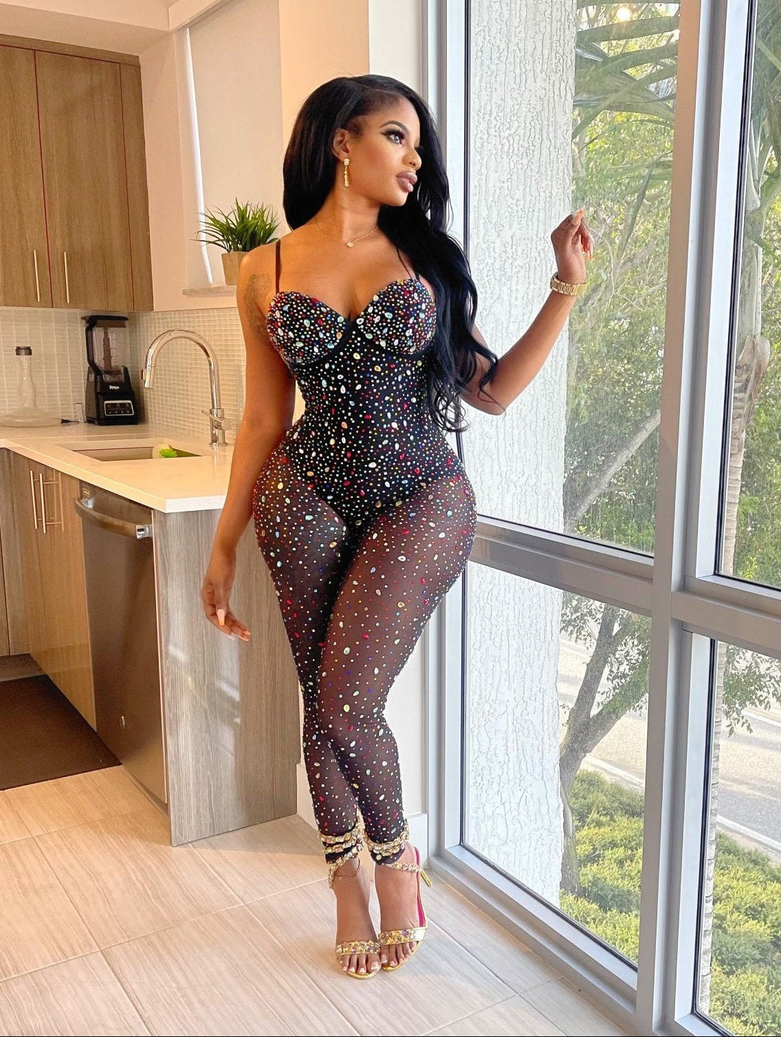Semi Sheer Sparkly Rhinestone Jumpsuit