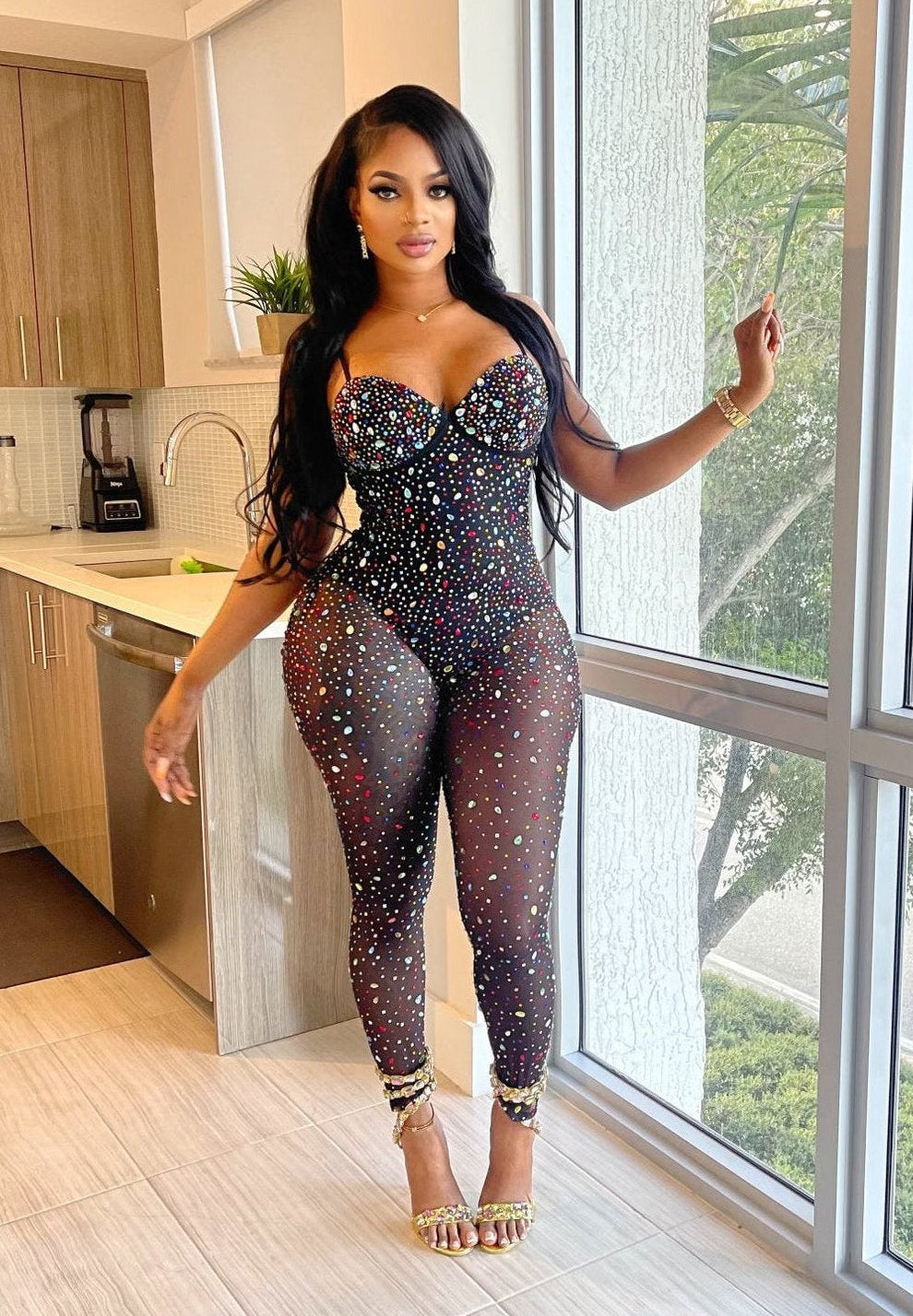 Semi Sheer Sparkly Rhinestone Jumpsuit, Crystal One Piece Outfit