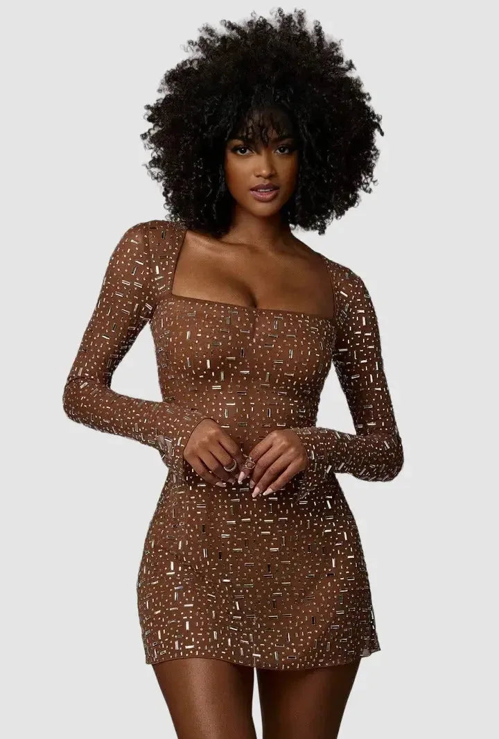 Dresses Brown / S DIAMOND DRIP RHINESTONE MINI DRESS