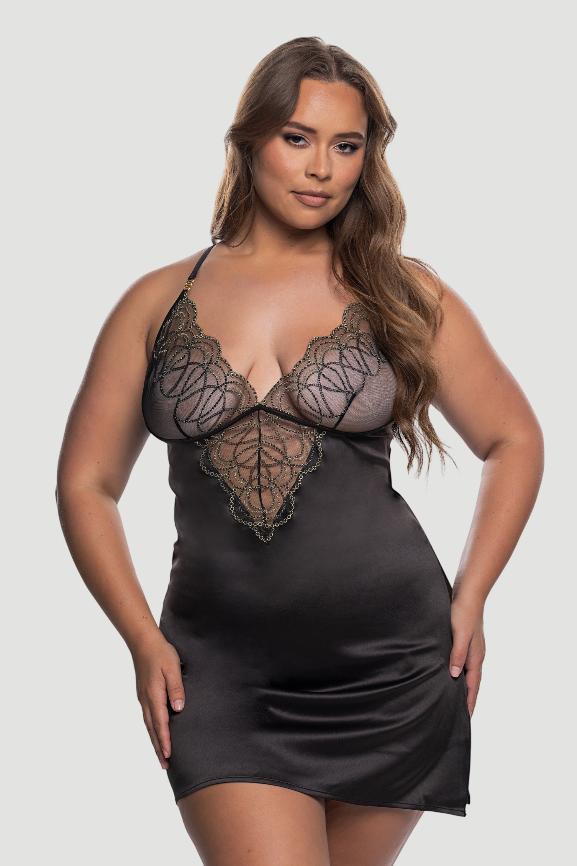 Black Embroidered Lace Chemise Dress