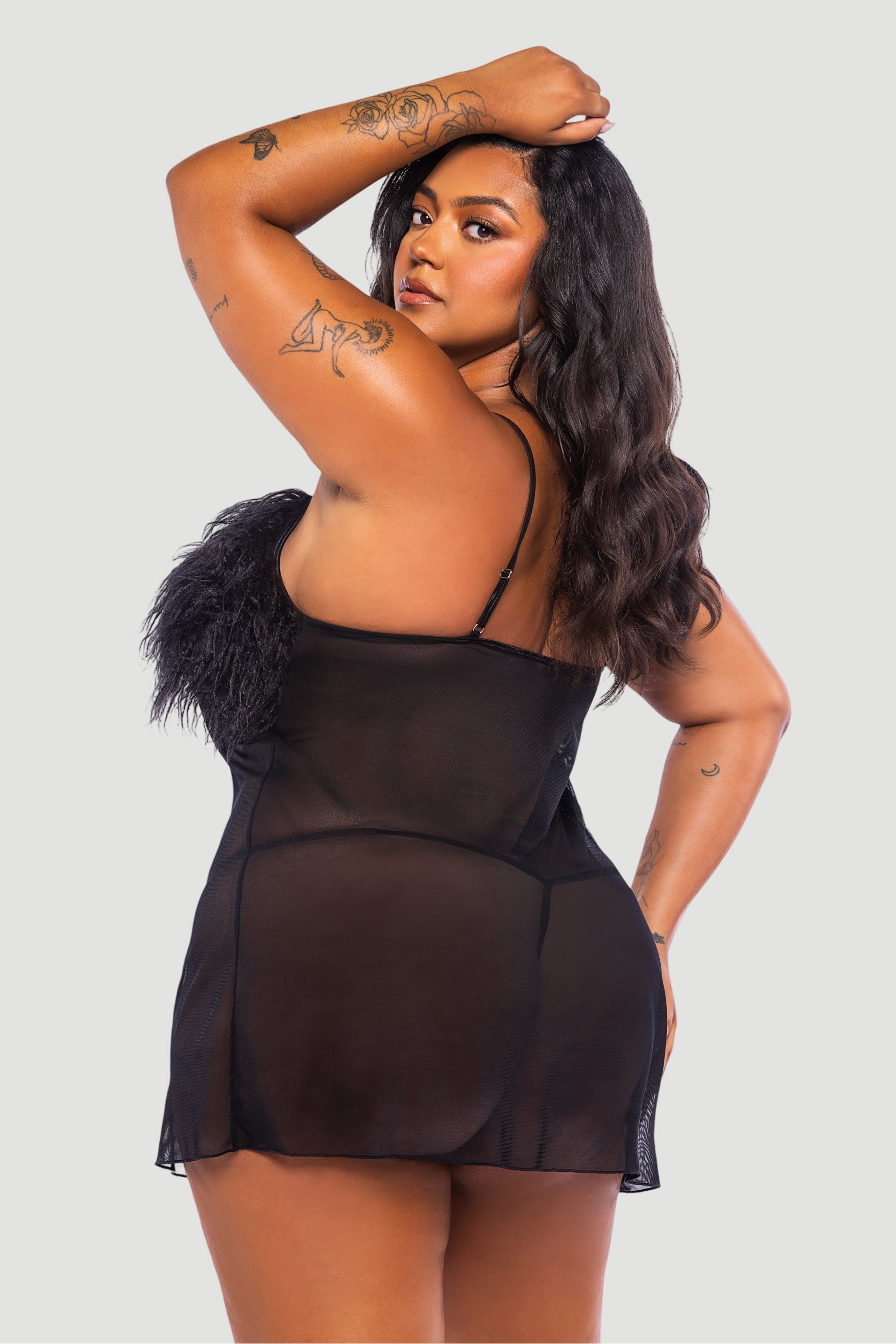 Faux Feather Sheer Babydoll Dress