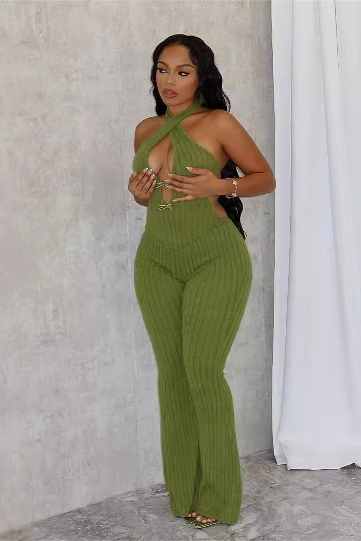 Knitted Cutout Halter Jumpsuit with Flared Bottom