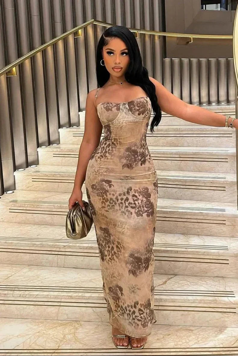 Leopard Print Lace Up Bodycon Maxi Dress