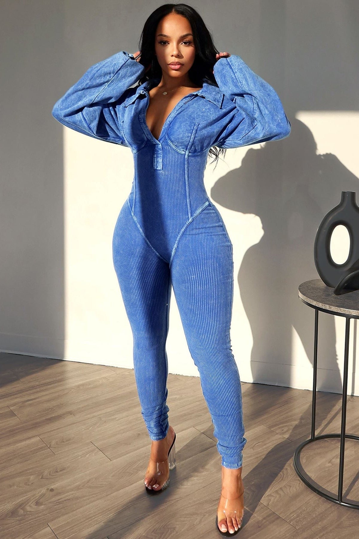 Mineral Wash Corset Jumpsuit, Long Sleeve Ribbed One-Piece Outfit