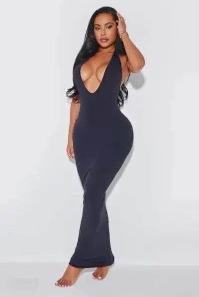 Plunging Halter Maxi Dress, Deep V Backless Bodycon 
