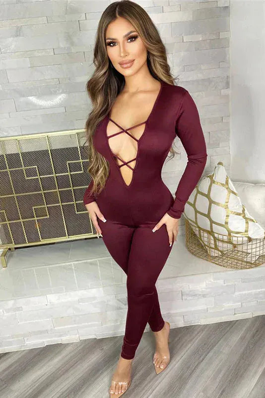 Jumpsuits Burgundy / S MYA PLUNGE JUMPSUIT