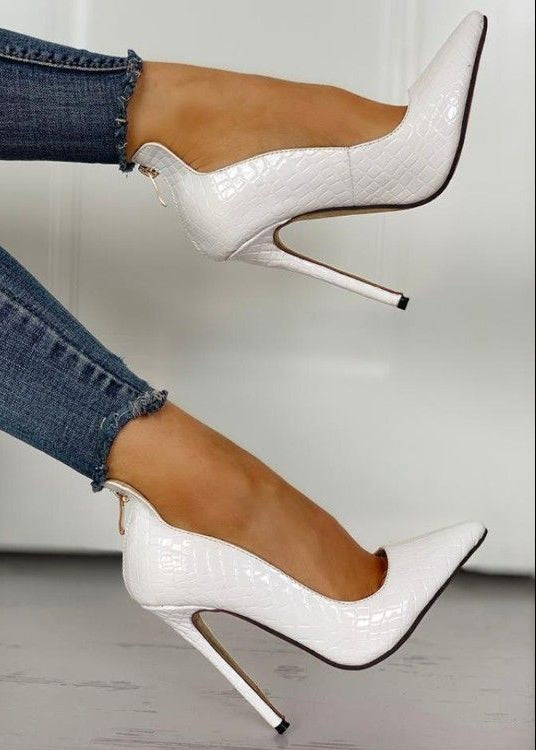 Croc Print Stiletto Heels, Pointed Toe Zip Up Pumps