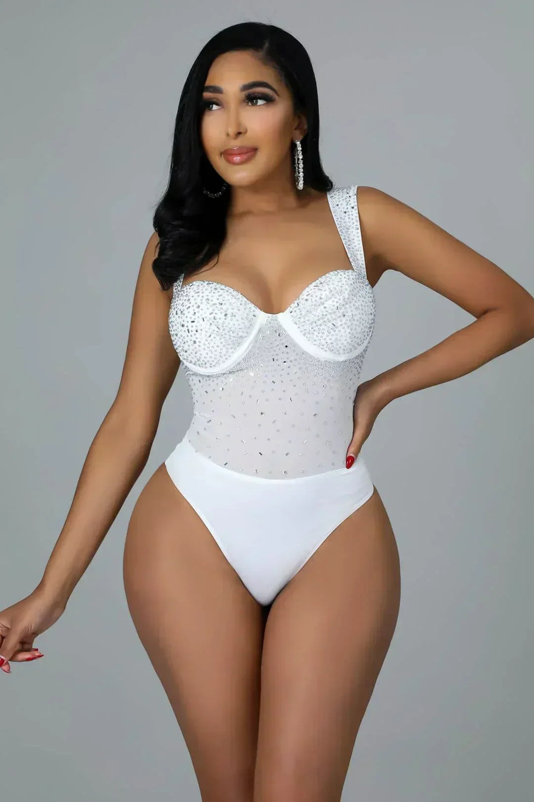 White Rhinestone Bodysuit Skirt Set