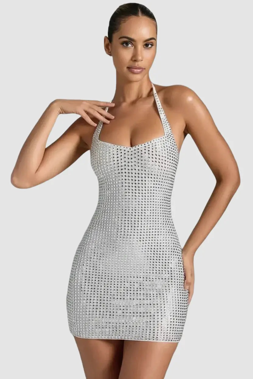 Dresses Silver / S DIAMOND GIRL RHINESTONE HALTER DRESS