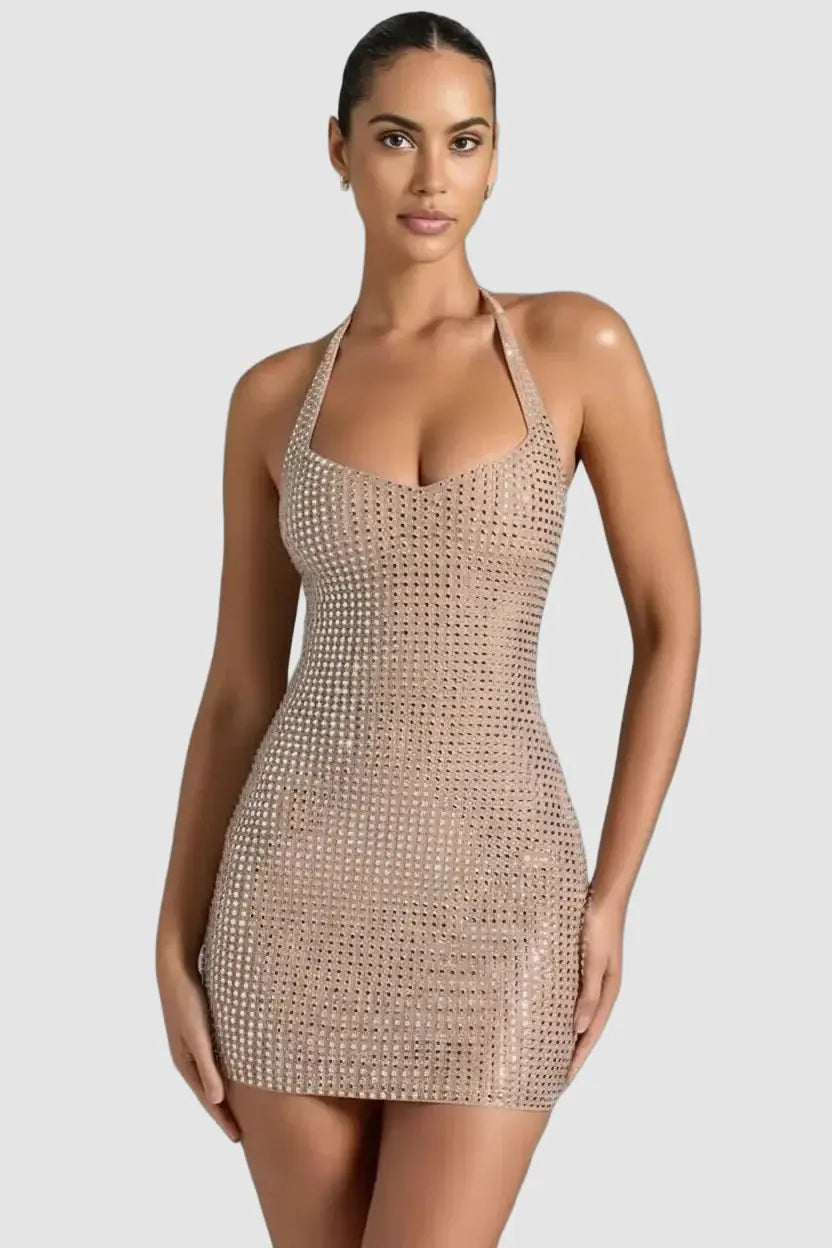 Dresses Gold / S DIAMOND GIRL RHINESTONE HALTER DRESS